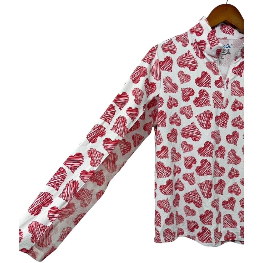 IBKUL Women's Millie Long Sleeve Top 1/4 Zip Mock Neck Hearts UPF 50+ EUC Size L - Picture 3 of 8
